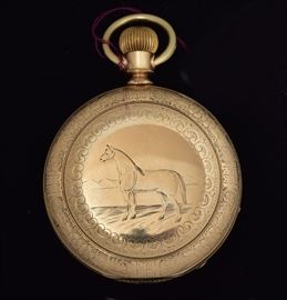 14k Gold American Waltham Pocket Watch
engraved with a horse, and a cow
2" diameter, 95 dwt gross
late 19th century