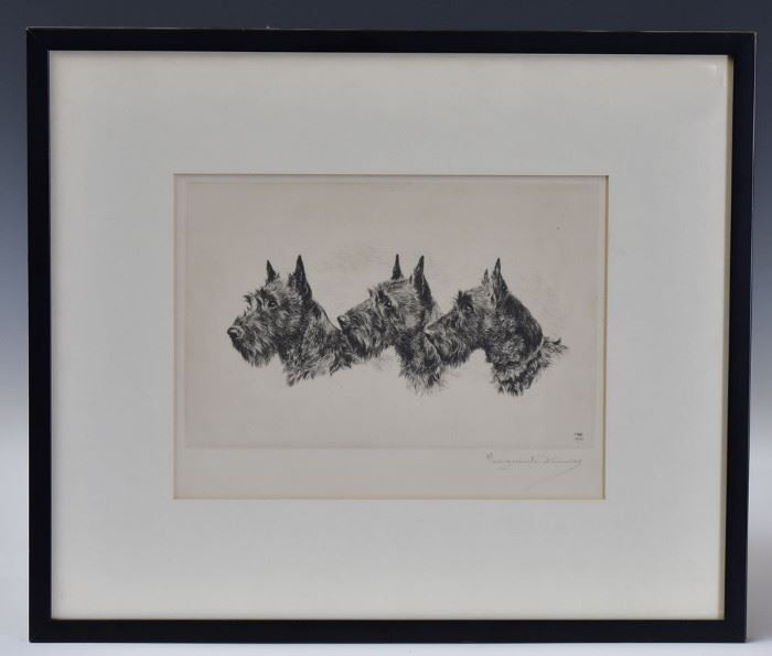 Marguerite Kirmse (2)
Soft Shoulders and Three Scottie Dogs
8" x 12 1/4"  and 6 1/4" x 9 1/2" (plate)
drypoint etchings
both pencil signed