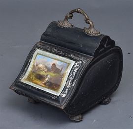 Victorian Coal Scuttle 	
with reverse painted serpentine
glass of terriers, 19" high
early 20th century