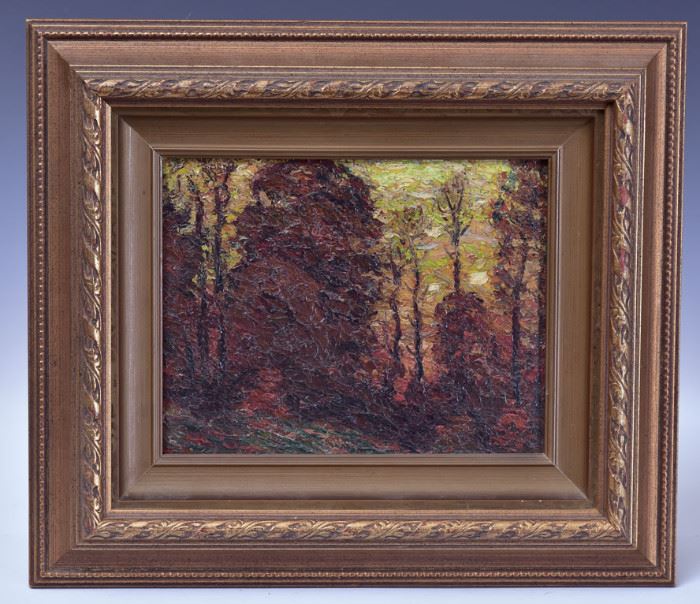 John Joseph Enneking 	
Sunset Through the Trees
7 1/2" x 9 1/2" oil on board
unsigned, circa 1900
with Vose Galleries letter of authentication