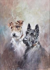 Mabel Gear
Scottie and Jack Russell
21 1/2" x 15" watercolor with arabesque
unsigned
with greeting card attached verso