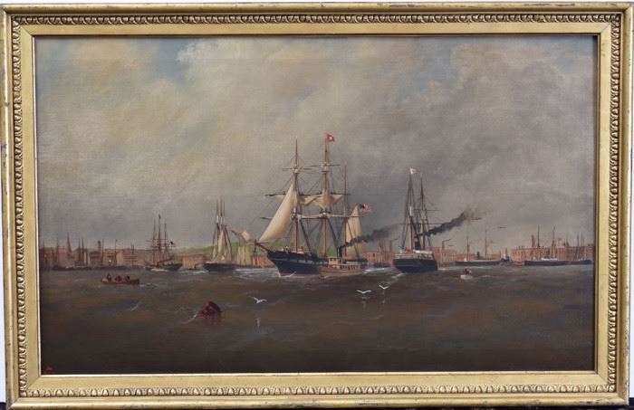 Alexander Charles Stewart
Philadelphia Waterfront, 1860
Stewart Surgeon on US Frigate Cumberland
50" x 30" oil on canvas
signed lower left, with gallery labels verso