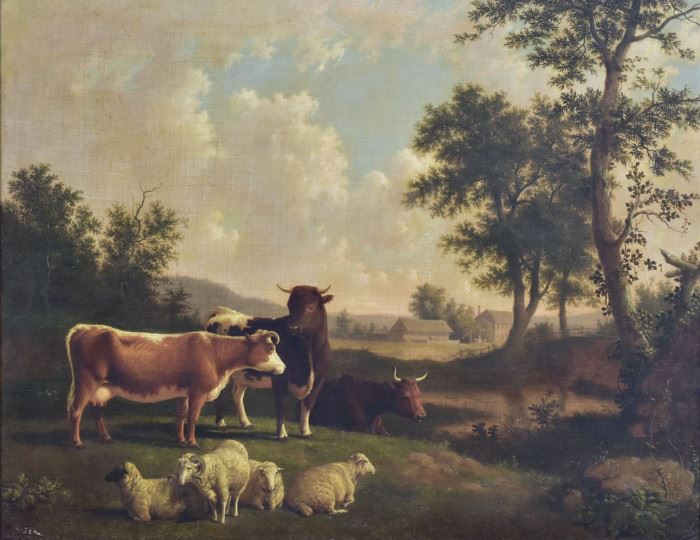 Thomas Hinkley
Pastoral Landscape with Cows and Sheep
36" x 46" oil on canvas
signed lower right