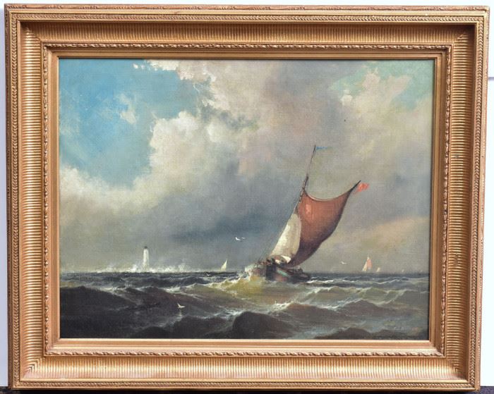 Franklin Briscoe
Sail Boat with Lighthouse
21" x 27" oil on canvas 
signed and dated 1868 lower right
