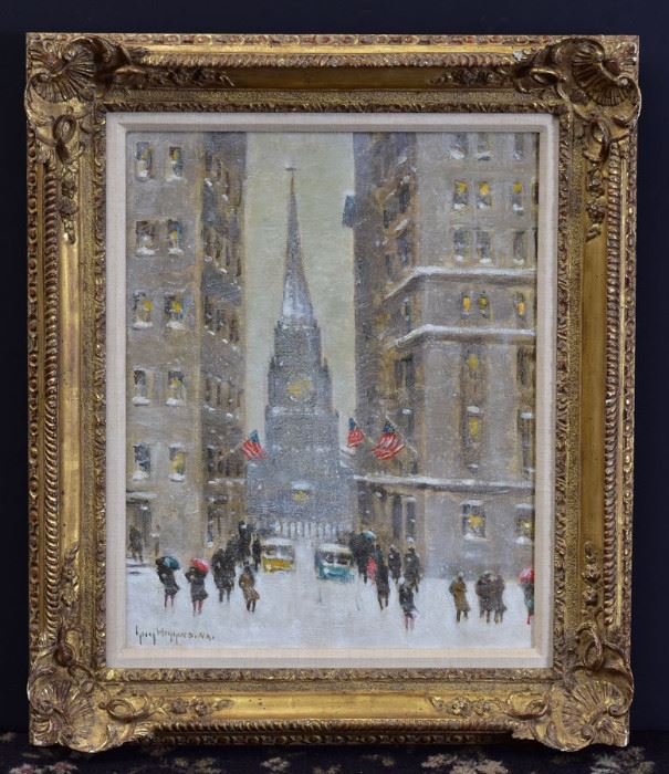 Guy Wiggins	
Old Trinity Church at Wall Street in Winter
20" x 16" oil on canvas
signed lower left