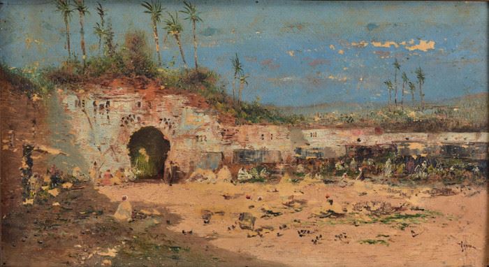 Continental School
Orientalist Courtyard Scene
6 3/4" x 12 1/2" oil on panel
signed indistinctly lower right