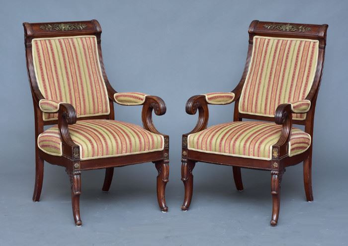 Pair French Louis Philippe Armchairs
with bronze mounts
38 1/2" high
late 19th century