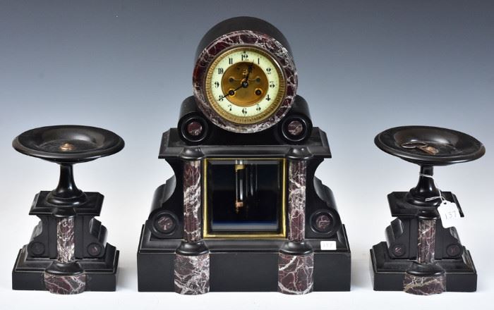 French Marble Clock Set
clock with open escapement, 15" high
with two side garnitures, 8 1/2" high
late 19th century