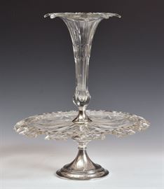 Victorian Crystal Epergne	
on a engraved silver base
16" diameter, 19 1/2" high
late 19th century