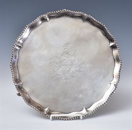 George III Sterling Silver Salver
Richard Rugg, London, 1768
with armorial crest 
11 3/4" diameter
26.2 troy ounces