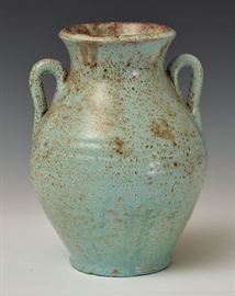 J. B. Cole Glazed Pottery Double Handled Vase 	
North Carolina
10 1/2" high
stamped on base