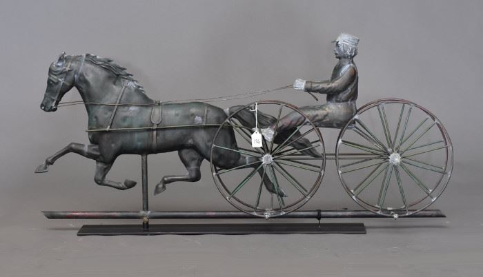 Victorian "Sulky and Horse" Weathervane
molded copper
47" long, 20" high (wheel to hat)
early 20th century