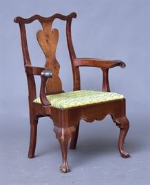 Chippendale Arm Chair
probably Chester County, PA
with trifid feet and scrolled arms
40 1/2" high
late 18th century
old label inside seat: "property of
E. Paul Dupont...Delaware"