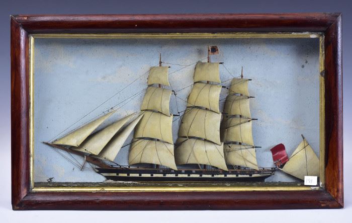 Ship Diarama	
three masted ship with British flag
23" x 13 1/2" overall
early 20th century