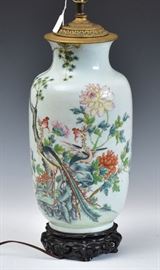Chinese Porcelain Vase
decorated with birds and flowers
15 1/2" high, now converted to a lamp