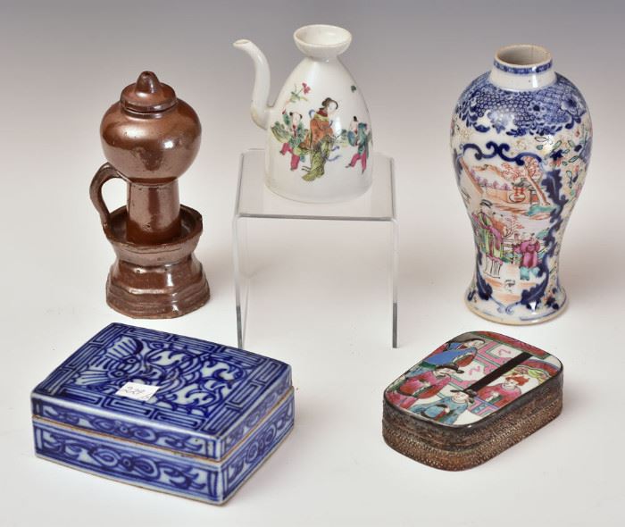 Chinese Porcelain Tableware
including teapot, 4 1/4" high,
blue and white box, 5 1/4" long,
blue and white vase, 7 1/2" high,
glazed oil lamp, 7" high and
enameled silver plated box, 4 1/2" long