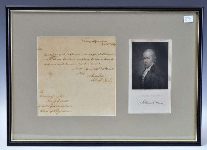 Alexander Hamilton Handwritten Letter
dated November 21st, 1789
signed "A. Hamilton, Secretary of the Treasury"
written to Vincent Gray, Esq., Deputy Collector
"of the Port of Alexandria, State of Virginia"
7 1/2" x 7 1/4" framed together with an
engraving of Hamilton