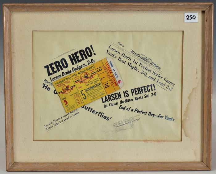 Don Larsen Perfect Game Ticket
World Series, 1956, Game 5
mounted with facsimile headlines