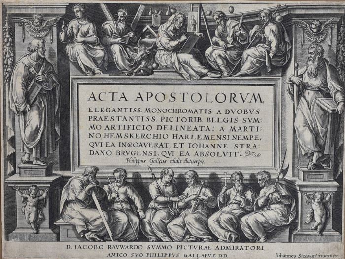 Philip Galle: Acta Apostolorum
a portfolio containing engraved frontis plate and numbered engravings 1 to 34
after Heemsker,  Van der Shaet and Goltzius
each approximately 8" x 10"
with ex libris bookplates
18th century binding