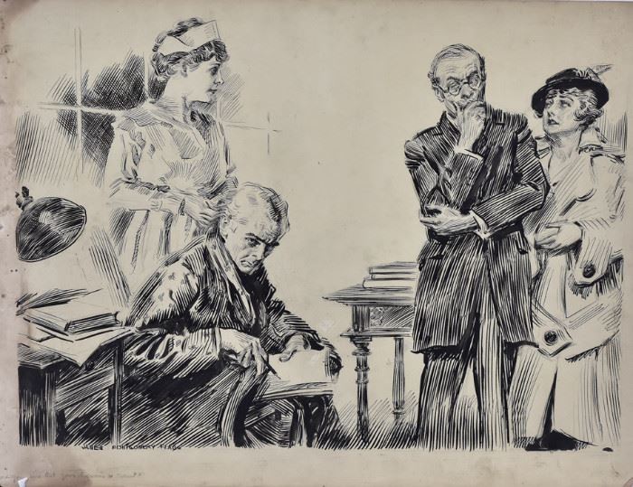 James Montgomery Flagg Original Illustration Art
"Are You Sure Your Diagnosis is Correct?"
21 1/2" x 28"  ink on artist's board
signed lower left and titled