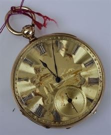 M. J. Tobias, Liverpool 18k Gold Pocket Watch
machined open face with a landscape
engraved back of a paddle wheeler
1 1/2" diameter, 18.9 dwt gross
mid-19th century