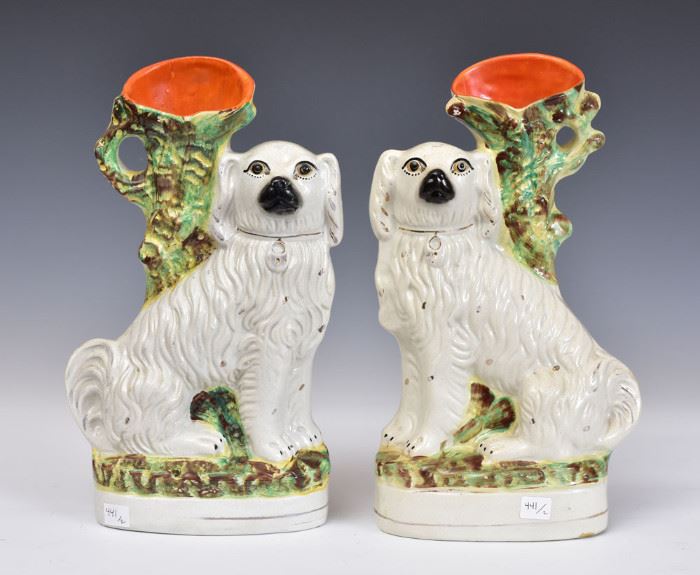 Pair Victorian Spaniel Spill Vases 	
14" high
late 19th century