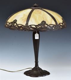 Bradley & Hubbard Slag Glass Parlor Lamp
with daffodil shade, 18" diameter
base signed at the top and 
impressed "342" underneath, 21" high
