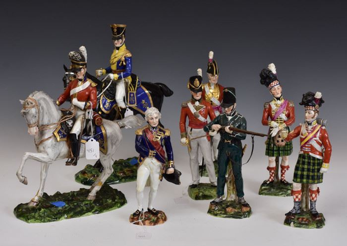 German Porcelain Military Statues (8)
including two on horseback,
the tallest 14" high
early 20th century