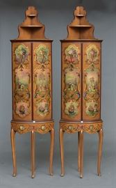 Matching Pair Italian Style Corner Cabinets 	
with paint decorated doors
22" wide, 82" high
mid-20th century