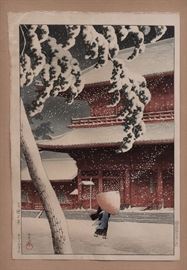 Hasui Kawase Woodblock Prints (3)
Snow at Zojoji Temple, Shiba,
15 1/4" x 10 3/8"
Road to Nikko, 15 1/4" x 10 1/8" and
Lake at Sunset 10 1/4" x 15 1/4"