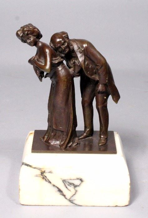 Carl Kauba (Austrian, 1865-1922) "The Cardiologist" Bronze Cast Statuette, Circa 1905, Elderly Doctor Checking Female's Heartbeat, 4"W x 7"H