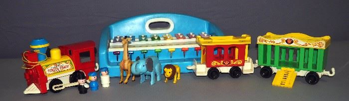 Vintage Fisher Price Circus Train #991 Pull Toy with Animals and Ring Master and Fisher Price Xylophone Piano
