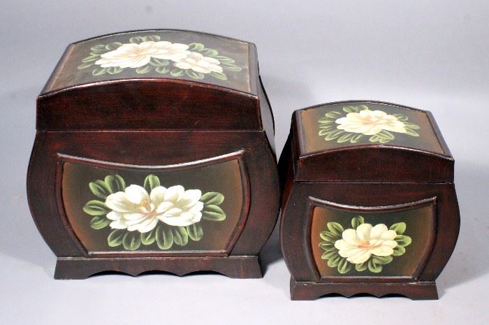 Hand Painted felt-Lined Decorative Wood Nesting Storage Boxes, Qty 2, 10.5" x 11" and 15.5" x 13.5"