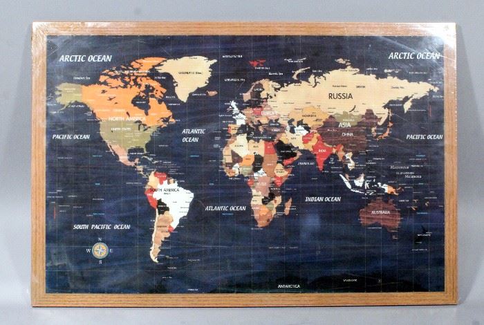 Faux Inlay Wood World Map, 28"W x 18.5"H