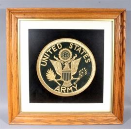 Vintage Handmade US Army Embroidered Seal, Formerly Hung in Bank of Belton, Deep Frame, Matted, Frame Measures 28-1/4"W x 28-1/4"