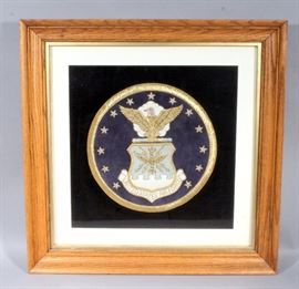 Vintage Handmade US Air Force Embroidered Seal, Formerly Hung in Bank of Belton, Deep Frame, Matted, Frame Measures 28-1/4"W x 28-1/4"