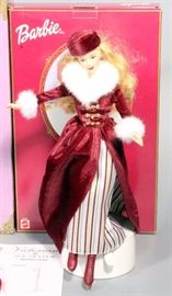 Barbies- 1998 Special Edition Avon, 1st in Series Mrs. PFE Albee, 1995 Victorian Lady, 2000 Victorian Ice Skater, and 1997 Hallmark Holiday Voyage