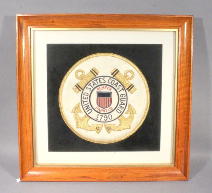 Vintage Handmade US Coast Guard Embroidered Seal, Formerly Hung in Bank of Belton, Deep Frame, Matted, Frame Measures 28-1/4"W x 28-1/4"