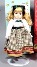 Porcelain Dolls- Duck House Doll with Pigtails #1484/5000, Royalton Collection 1998, and Collector's Choice Apple Cart Doll with COA, 11"-13"