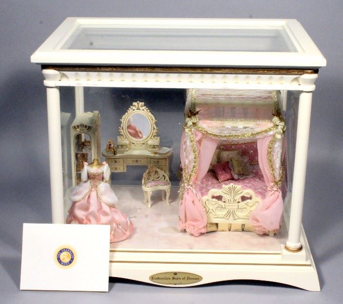 Franklin Mint Cinderella's Suite of Dreams 1/12 Scale Room Showcase, Includes Bed, Curio Cabinet, Vanity w/ Chair, Dress Form, Glass Slipper. More