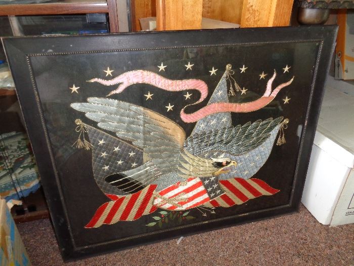 Antique trapunto silk embroidery of bald eagle...possibly with a WWII U.S. Navy connection.  
