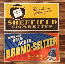 Old Vintage Cardboard Advertising Signs - "Sheffield Cigarettes" and "Bromo-Seltzer" approximately 21"X11"