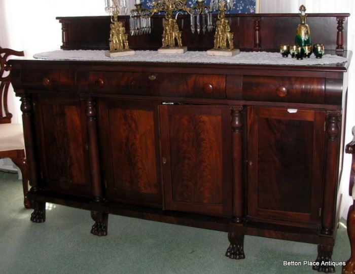 Flame Mahogany 1900 Era Server with columns and Lion Claw Feet....this is 72 inches wide and 22 inches deep, standing 47 inches tall, including back.