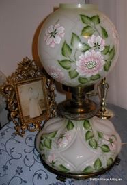 Hand Painted Antique  Milk Glass Oil Lamp, now electrified and working. 