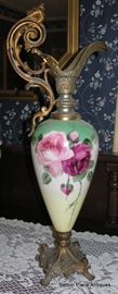 Victorian Glass Hand Painted and Brass Ewer