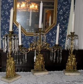 Brass Girandole Set, George Washington style, marble Based.