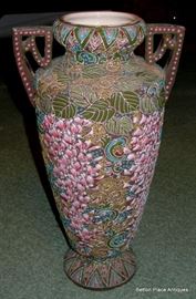 1900's beaded embossed Satsuma Floor Vase, one of a matching pair