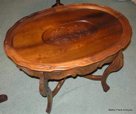 Walnut End Table from previous photo showing Carving in top lift off tray