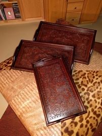 Leather-Embossed wood Serving Trays. Set of 3.