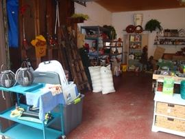 Garden cart, supplies, ladders, storage totes, holiday items